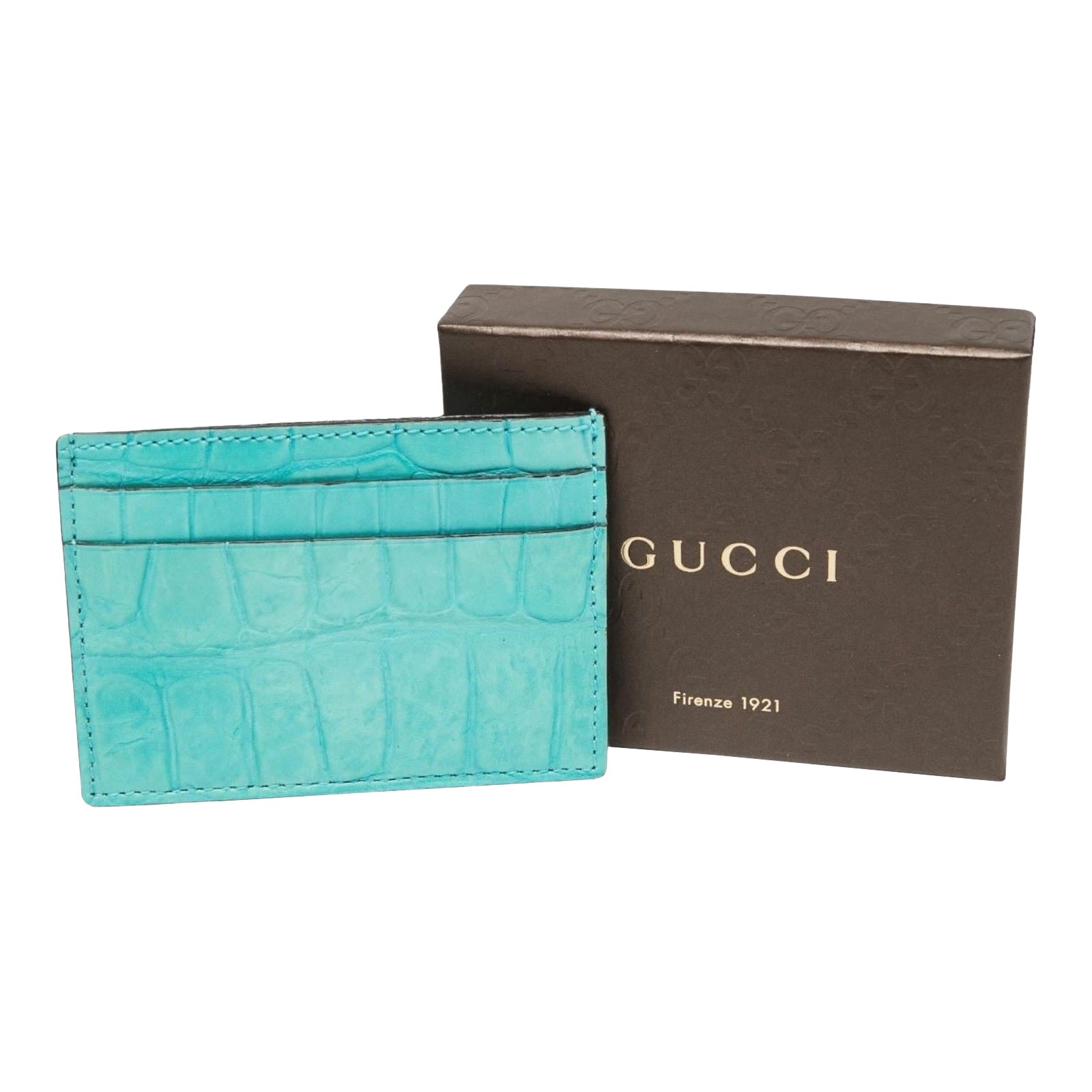 UNWORN Gucci Exotic Crocodile Skin Card Case Rare & Unique „Tiffany“ Blue Color For Sale