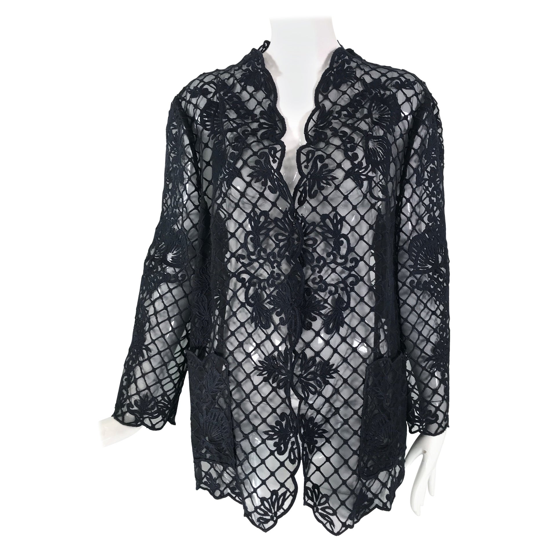Escada Heavily Embroidered Black Silk Organza Unlined Jacket with Pockets For Sale