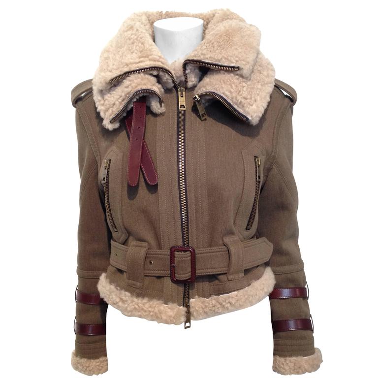 Burberry Prorsum Olive Wool Shearling Bomber Jacket Size 38 (2) at 1stDibs