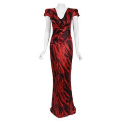 Vintage 2009 Alexander McQueen Lifetime Red Feather Print Silk Low-Plunge Gown