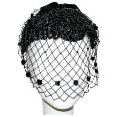 50s Black Sequined Cocktail Hat with Veil 