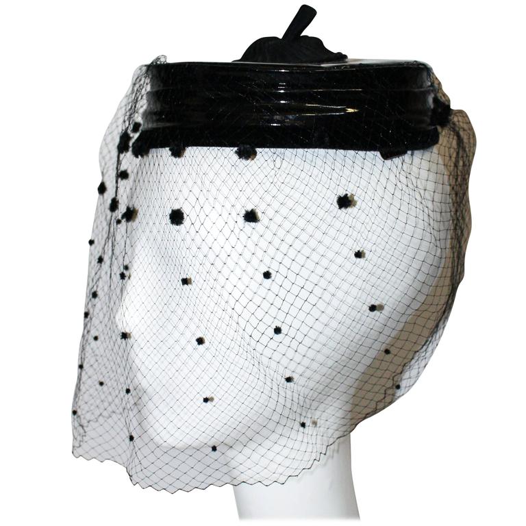 50s Black Patent Leather Pill Box hat with Net at 1stDibs