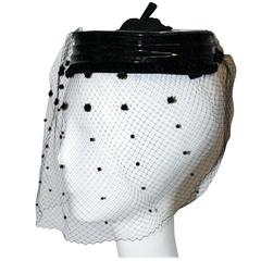 Retro 50s Black Patent Leather Pill Box hat with Net  