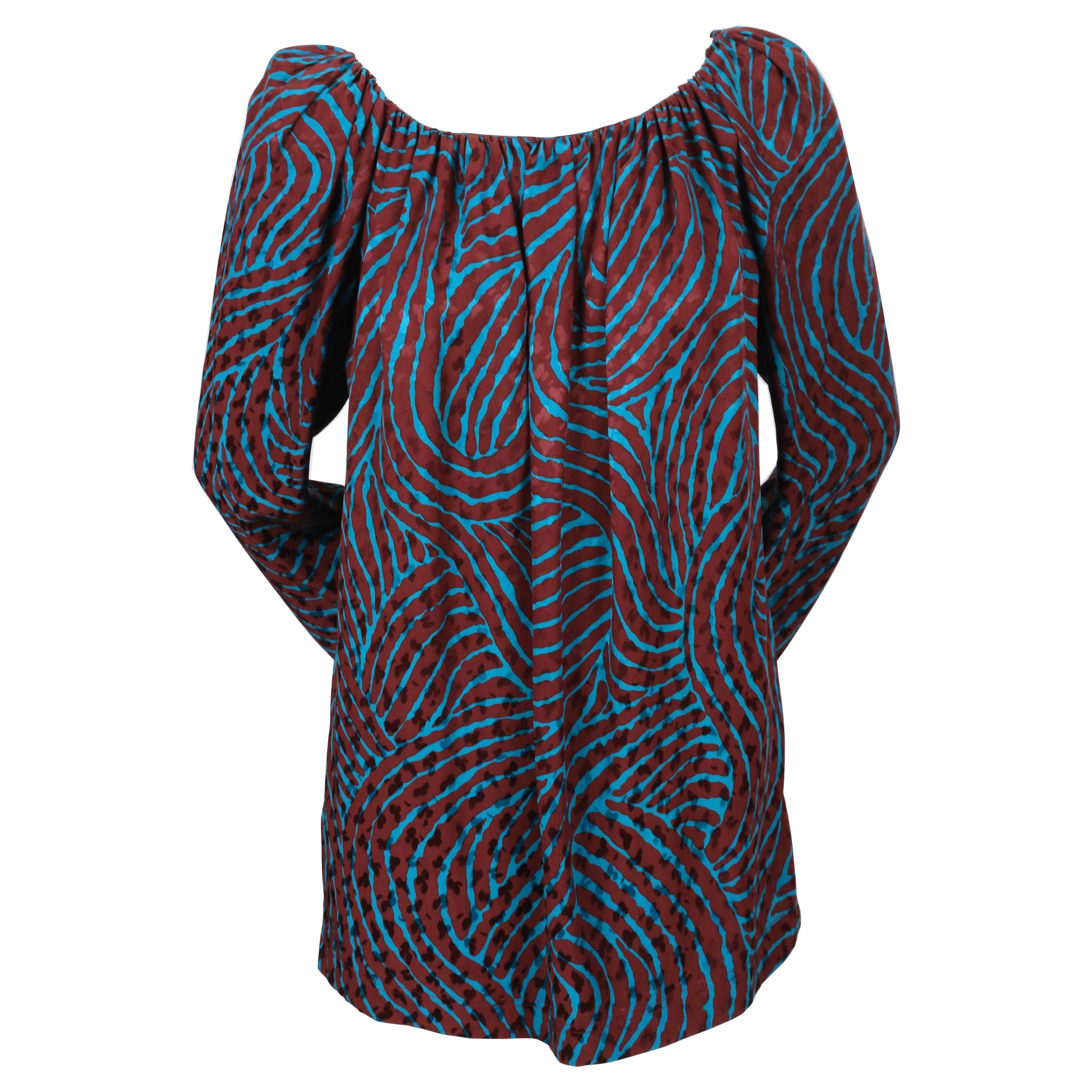 YVES SAINT LAURENT burgundy and turquoise blouse with draped neckline For Sale