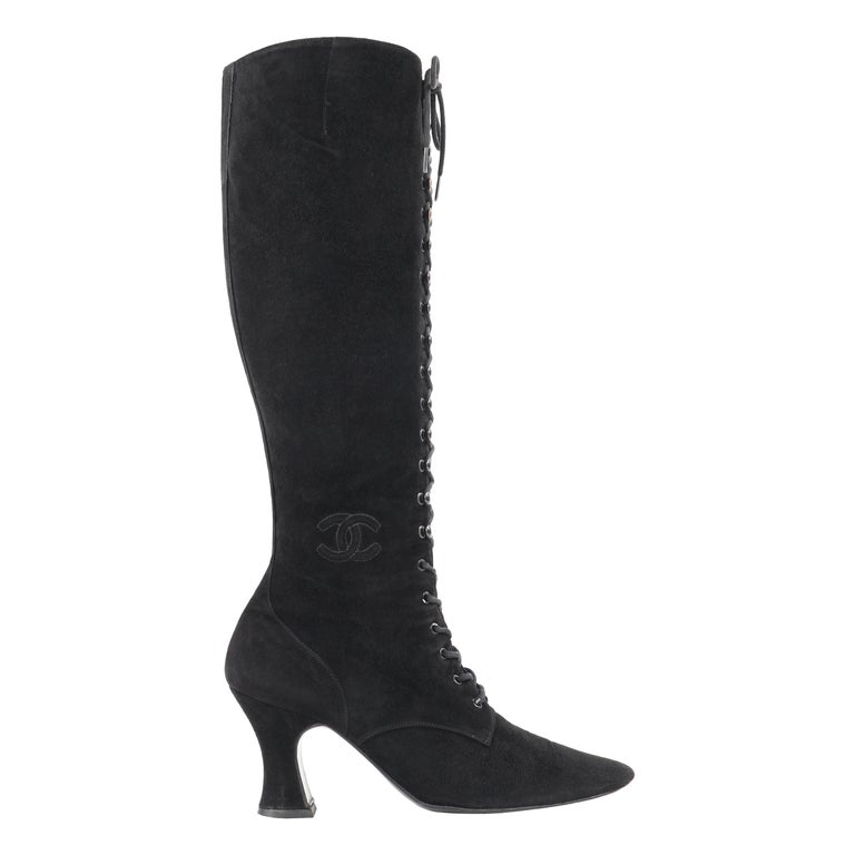 CHANEL Black Suede Leather Victorian Look Knee-High Lace Up Pointed Toe  Boots