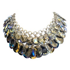 French Silver-tone Blue Crystal Bib Necklace 