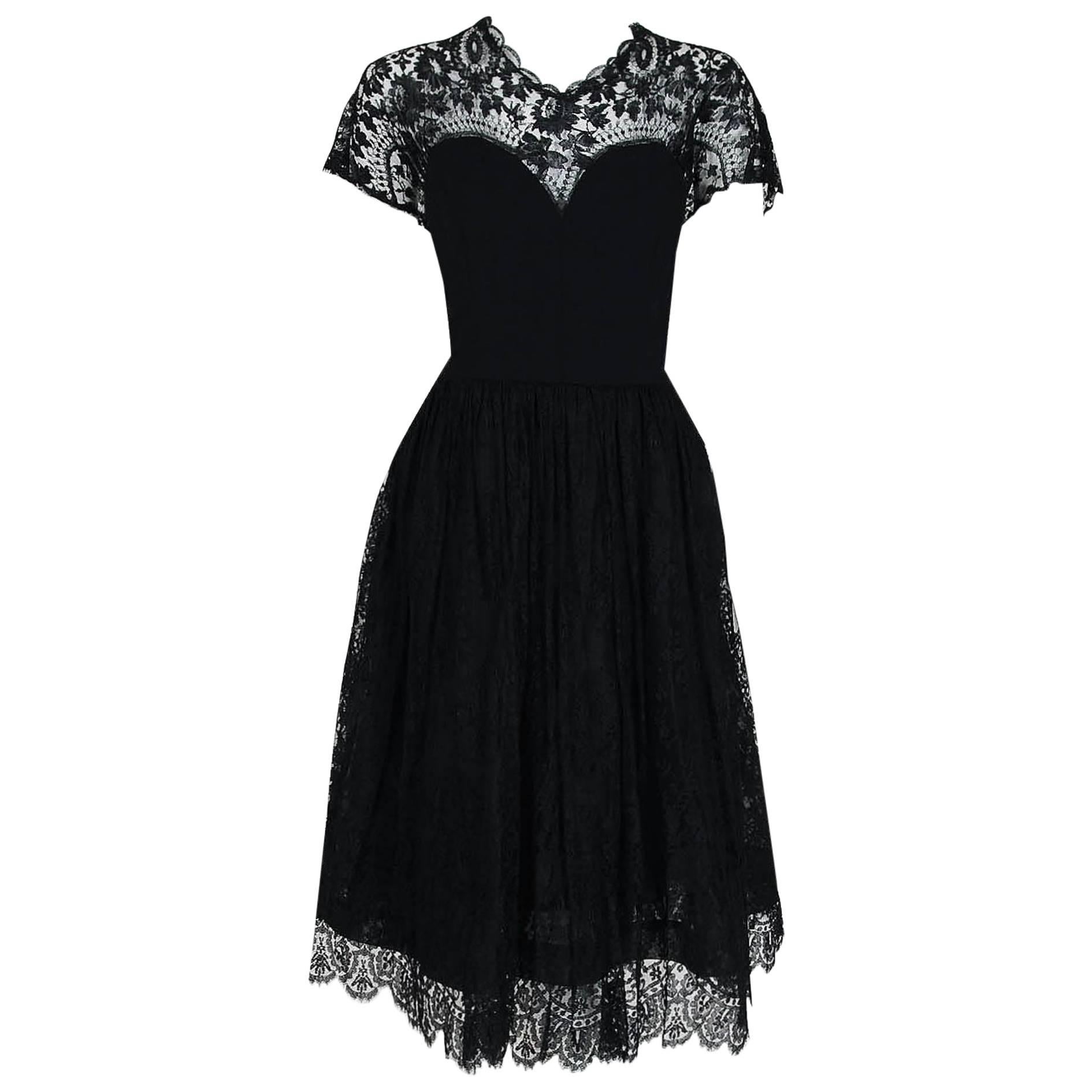 1950's Pauline Trigere Black Illusion Lace & Wool Crepe Cocktail Party Dress 