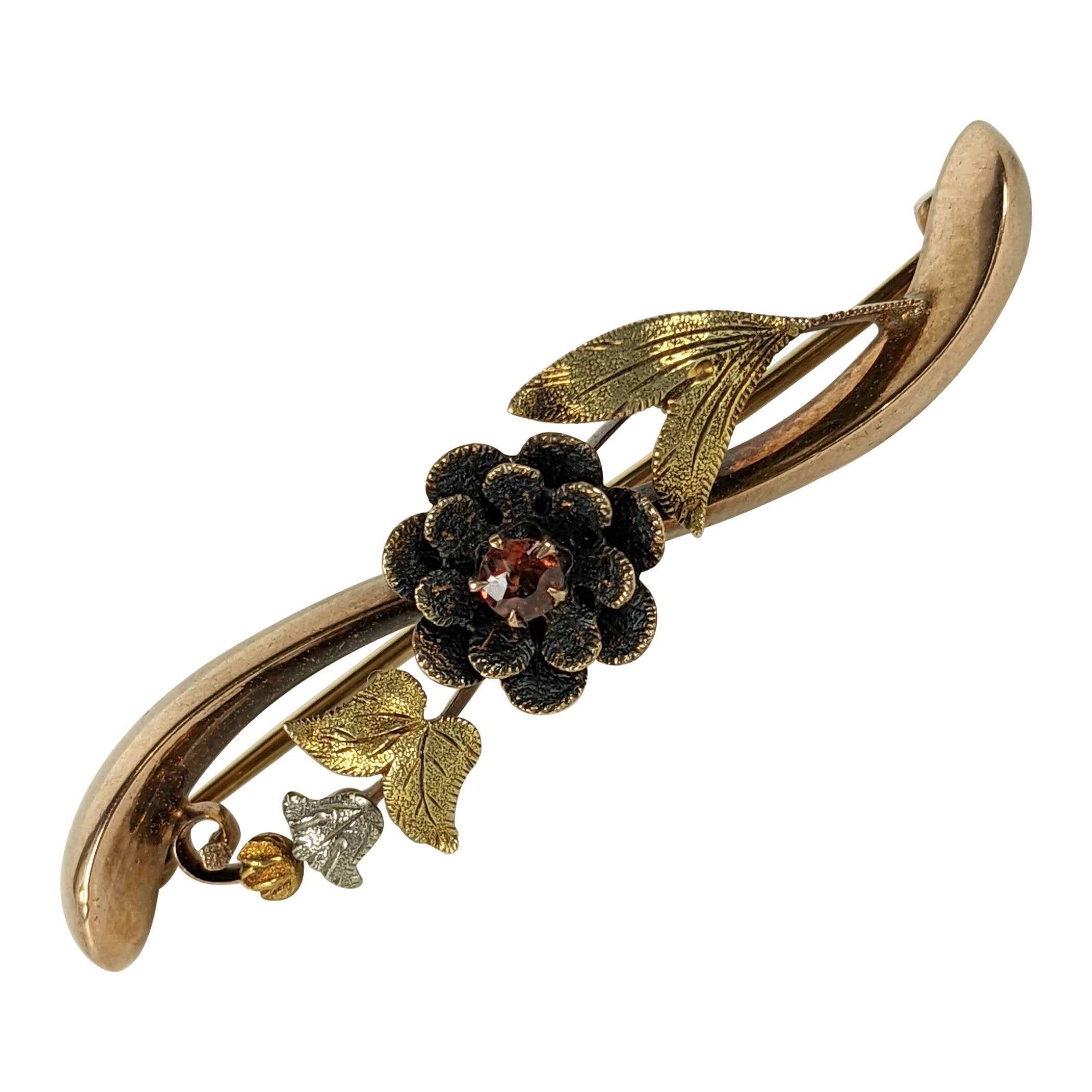Victorian Tri Color Gold Floral Bar Pin For Sale