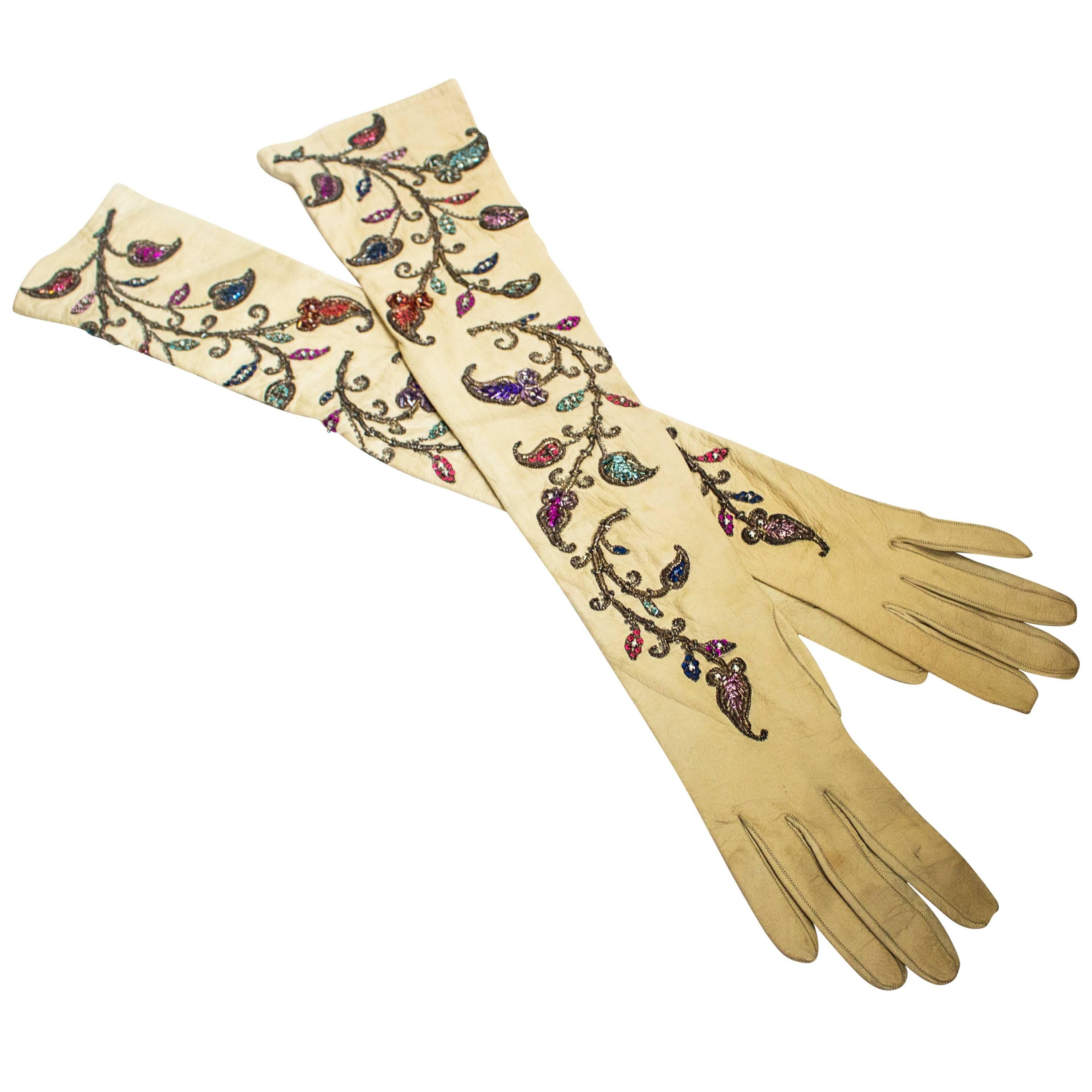 40s Opera Length Embroidered Kid Gloves with Sequins and Beads 