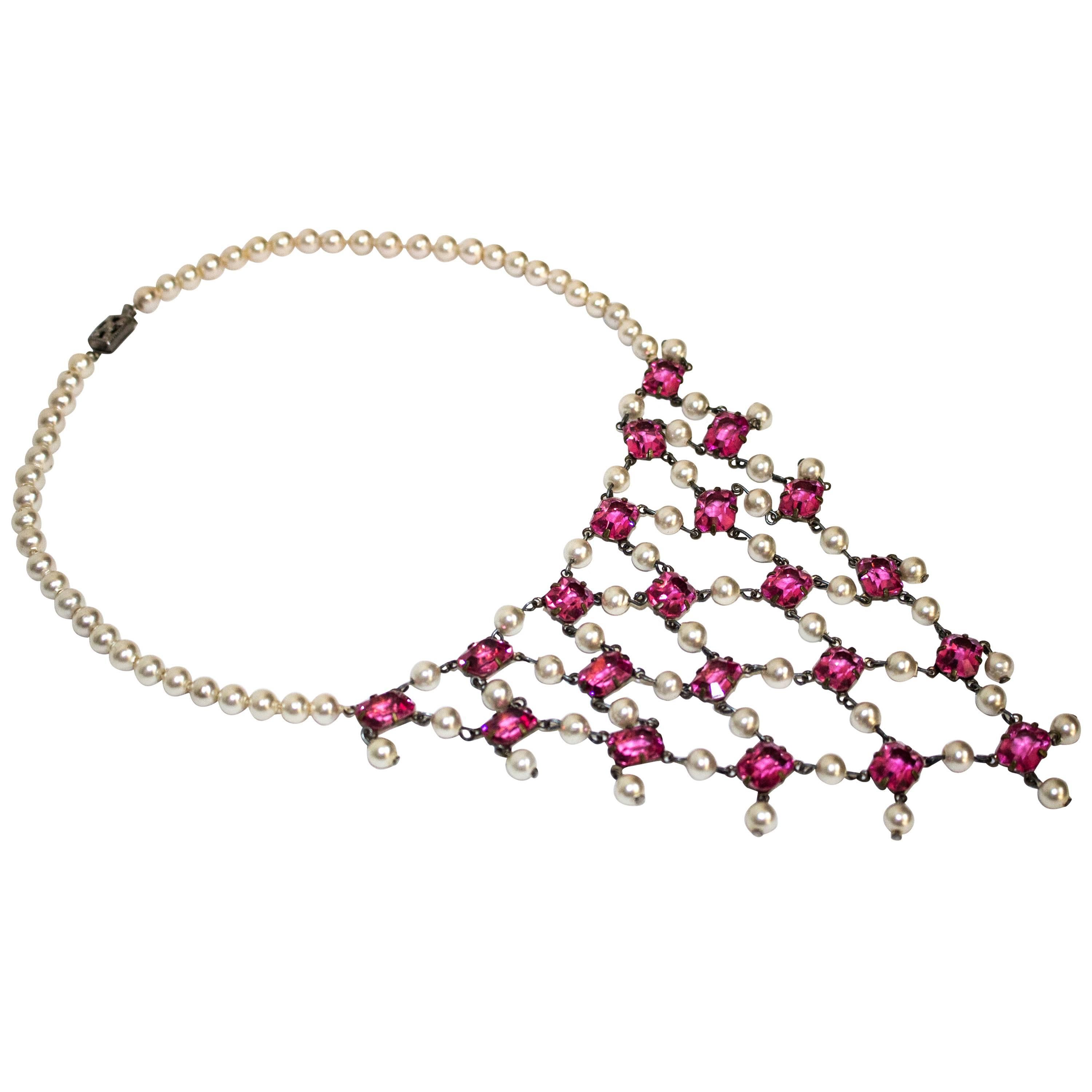 30s Pink Rhinestone and Pearl Bib Necklace 