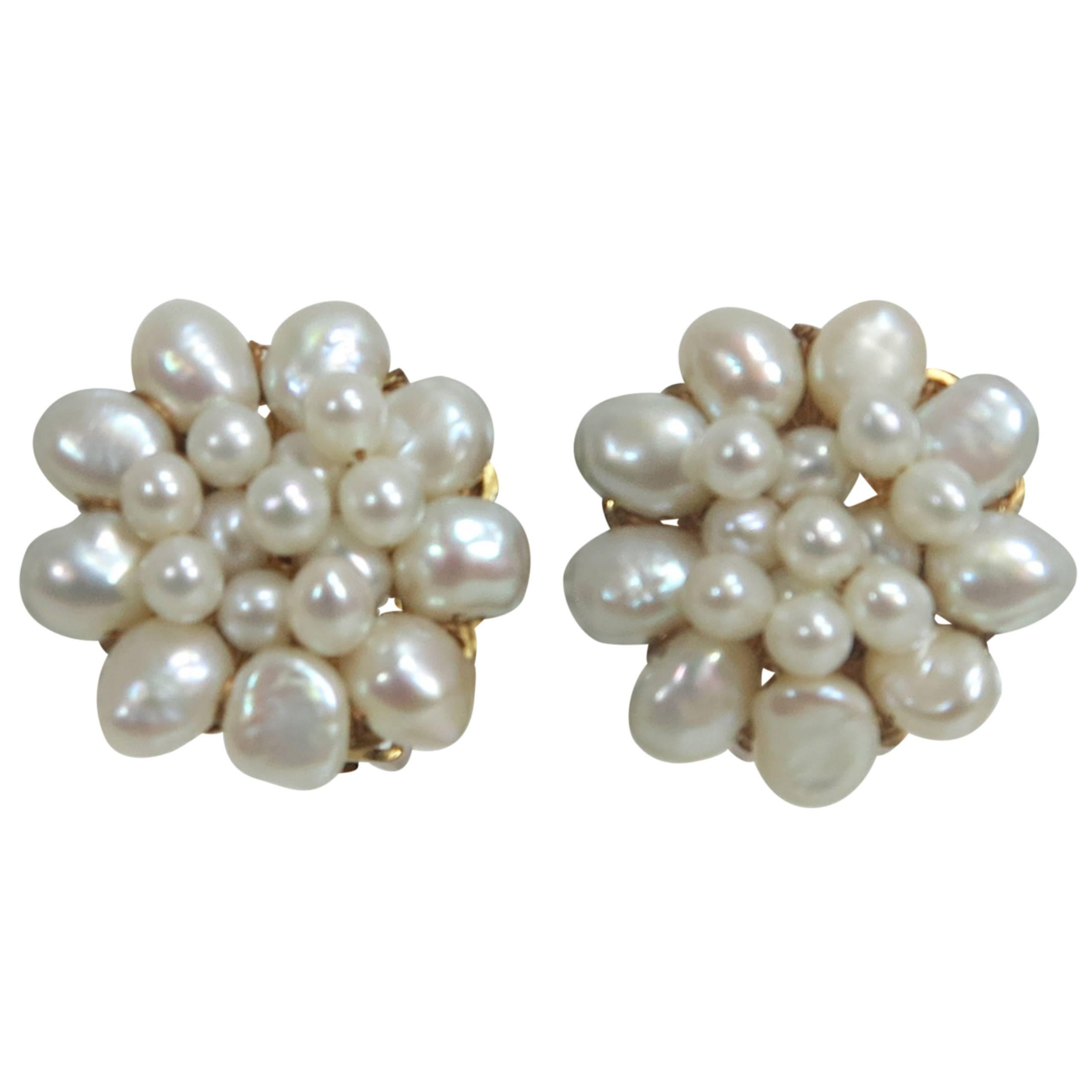 Vintage Miriam Haskell baroque pearl and filigree gold cluster clip earrings