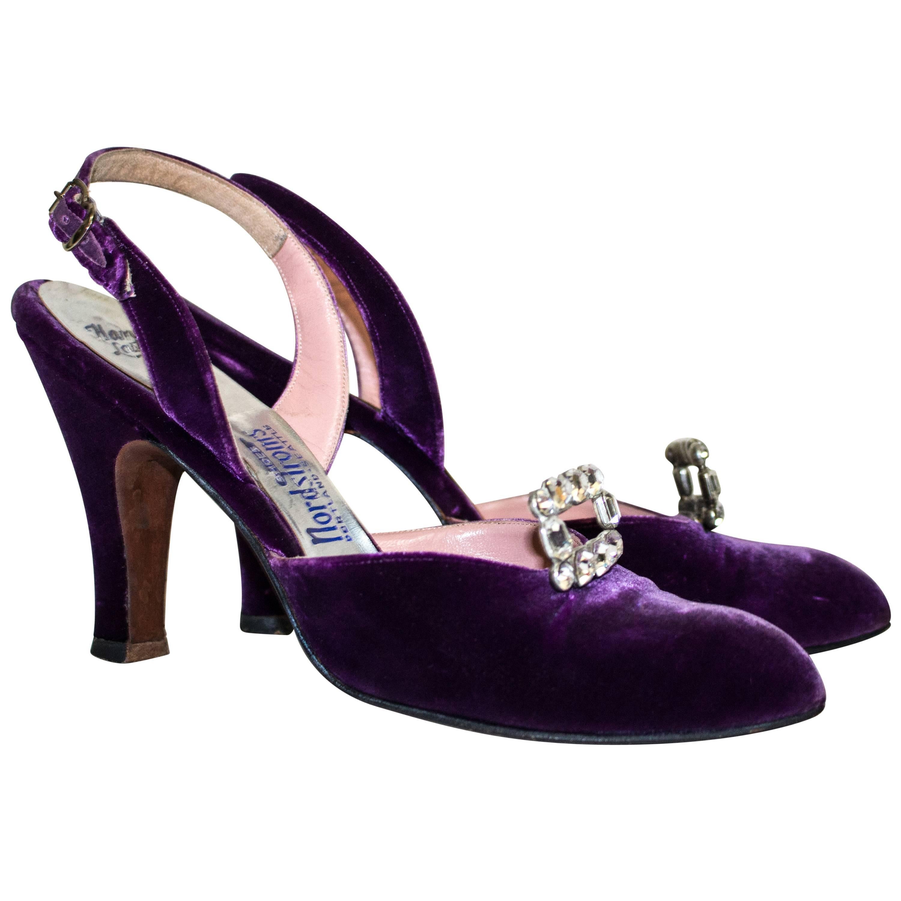 Levine 50s Purple Velvet Slingback Heels with Rhinestones at 1stDibs