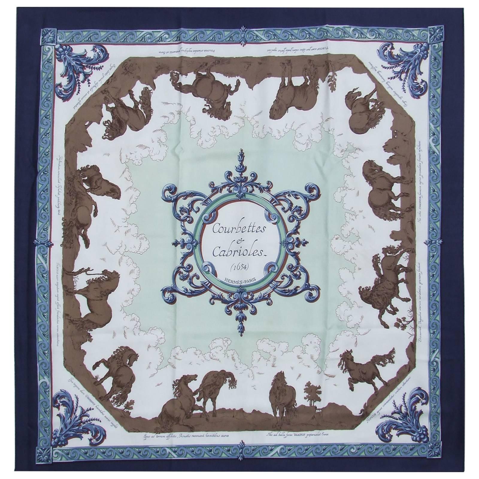 Hermes Silk Scarf Courbettes et Cabrioles 1654 Horses Blue Green 90 cm