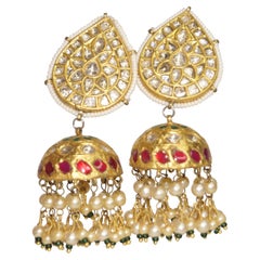 23k Gold and Diamond Polki Jhumki Earring Pair With Natural pearls and ruby
