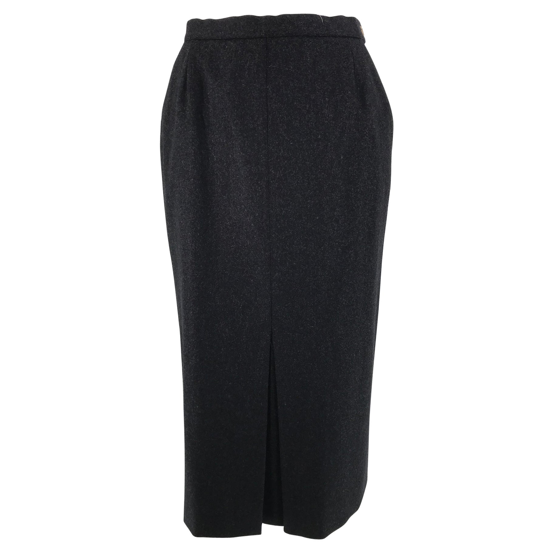 Chanel Charcoal Wool Kick Pleat Front Pocket Pencil Skirt Vintage For Sale