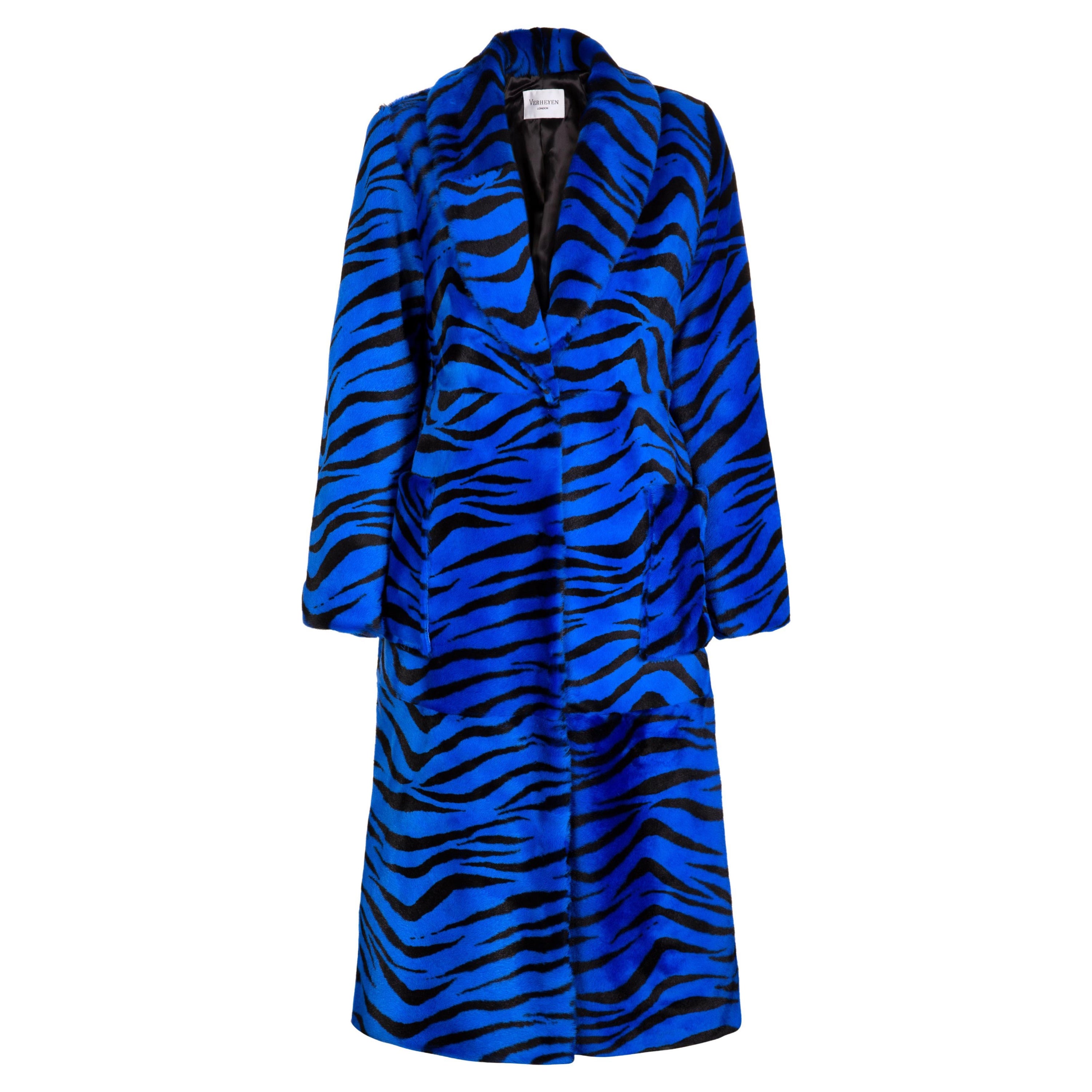 Der Londoner Shearling-Mantel mit blauem Zebra-Druck, Größe uk 8-10 im Angebot