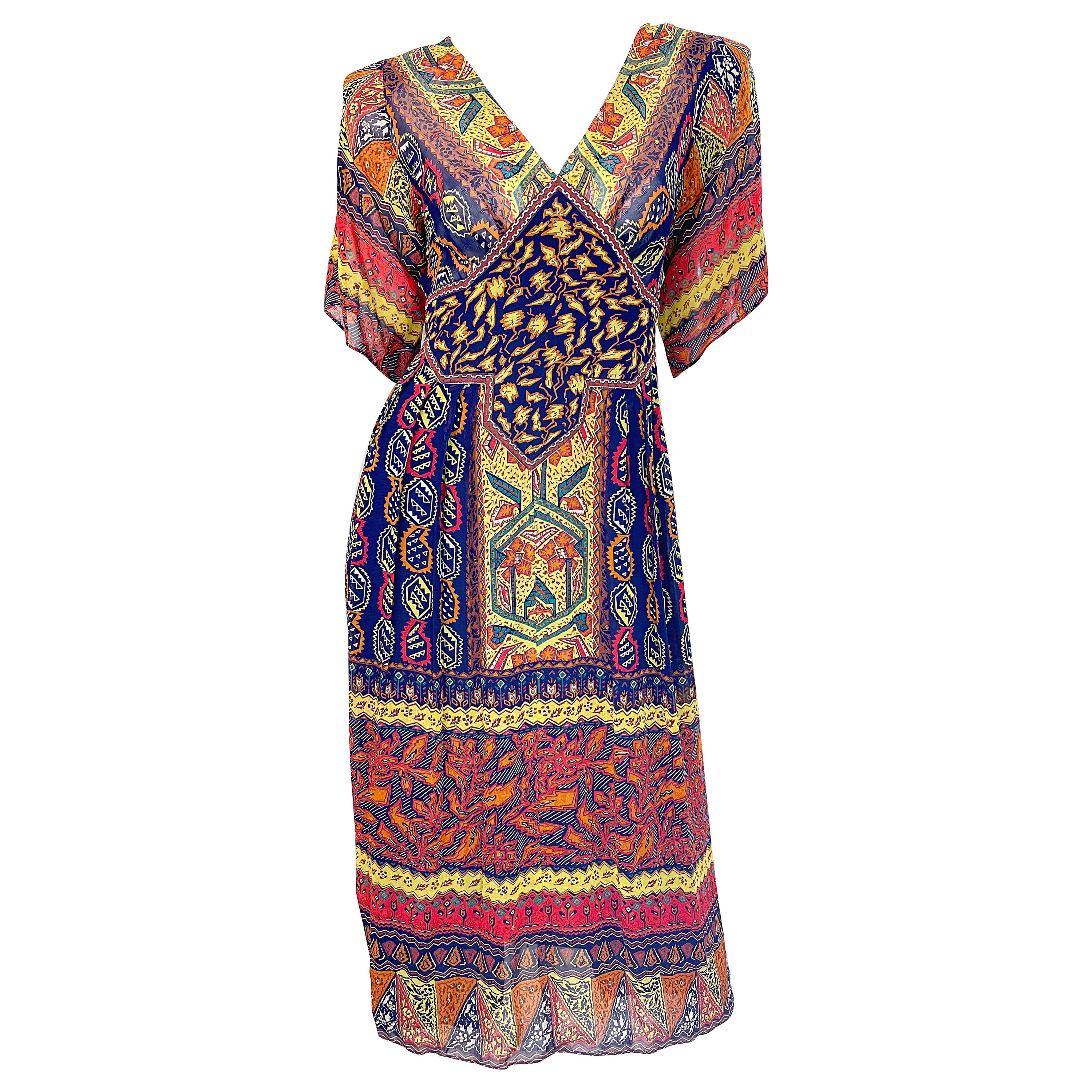1970s Giorgio Saint Angelo Silk Chiffon Rhinestone Boho Tribal Vintage 70s Dress For Sale