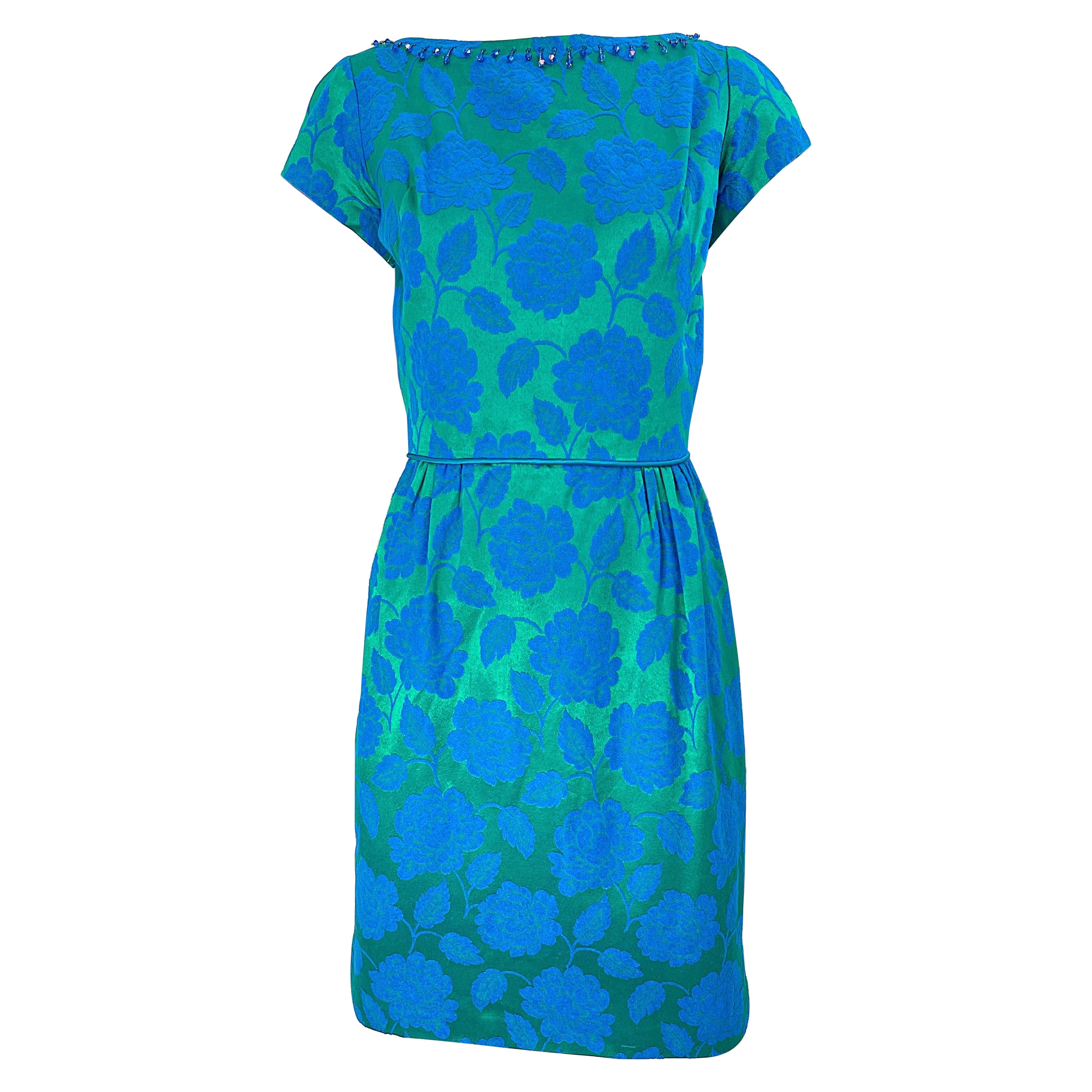 1960s Blue + Green Silk Damask Beaded Short Sleeve Vintage 60s Sheath Dress For Sale