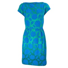 1960s Blue + Green Silk Damask Beaded Short Sleeve Vintage 60s Sheath Dress