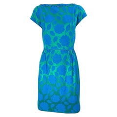 1960s Blue + Green Silk Damask Beaded Short Sleeve Retro 60s Sheath Dress