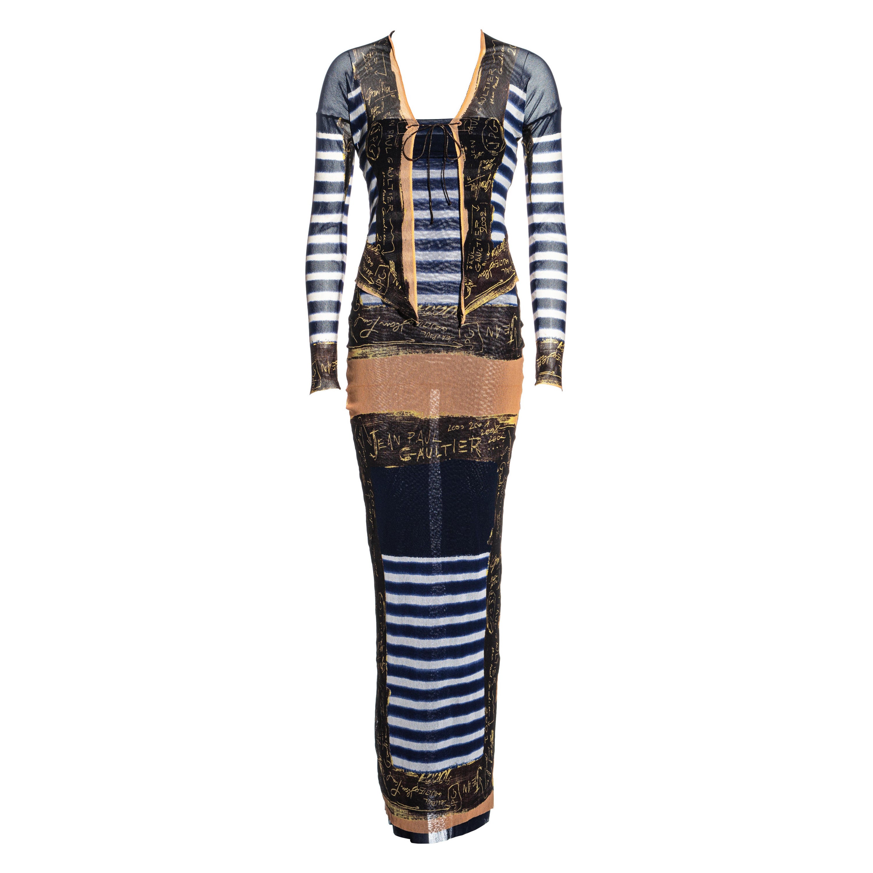 Jean Paul Gaultier navy striped nylon mesh tube dress and cardigan set, c. 2001 For Sale