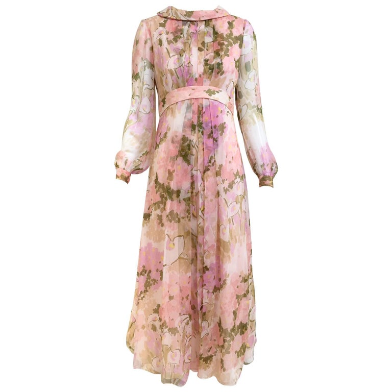 1970s Pink Floral Print Silk Chiffon Long Sleeve Maxi Dress For Sale at  1stDibs