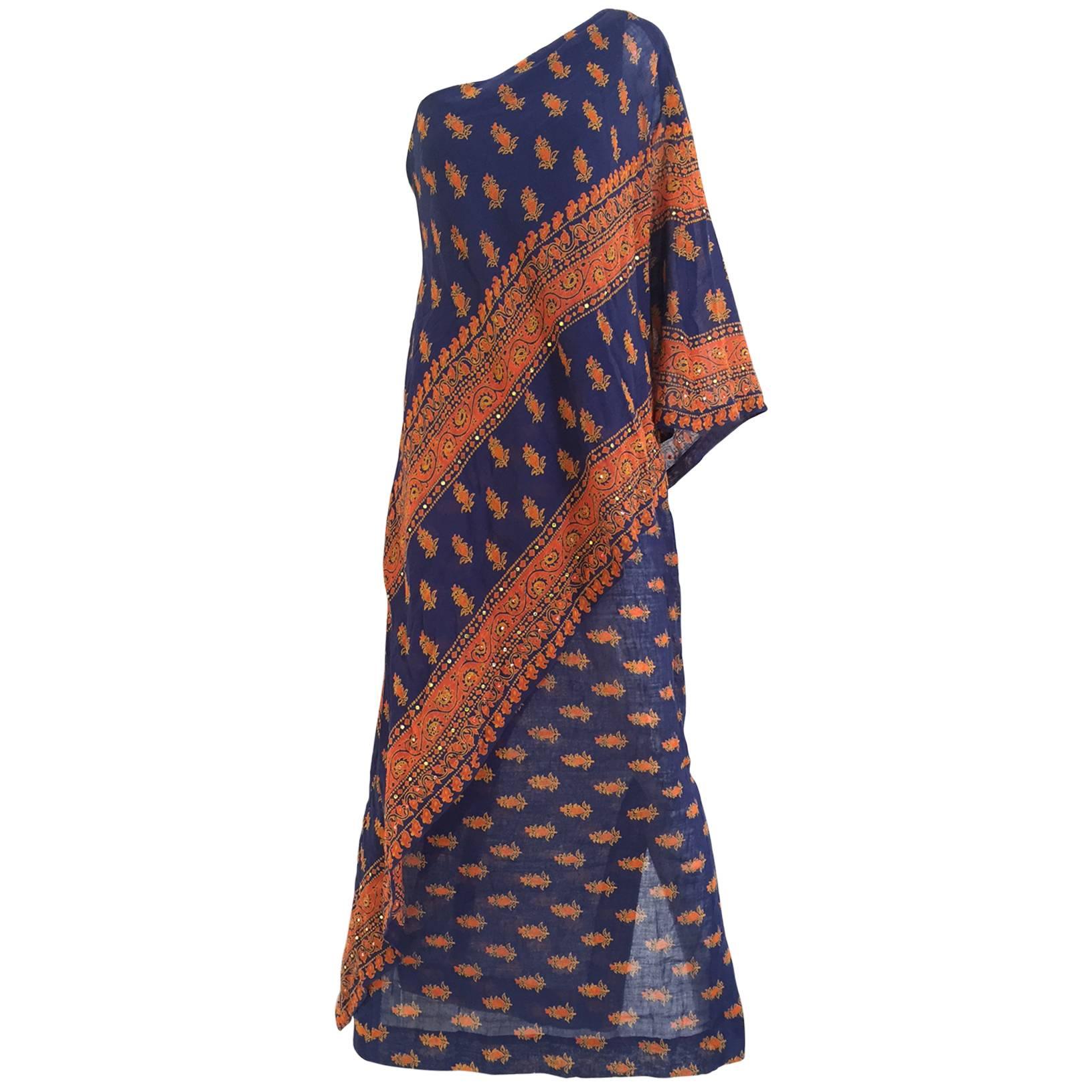 1970s Anne Fogarty One Shoulder Sari Inspired Blue and Orange Print Summer Dress