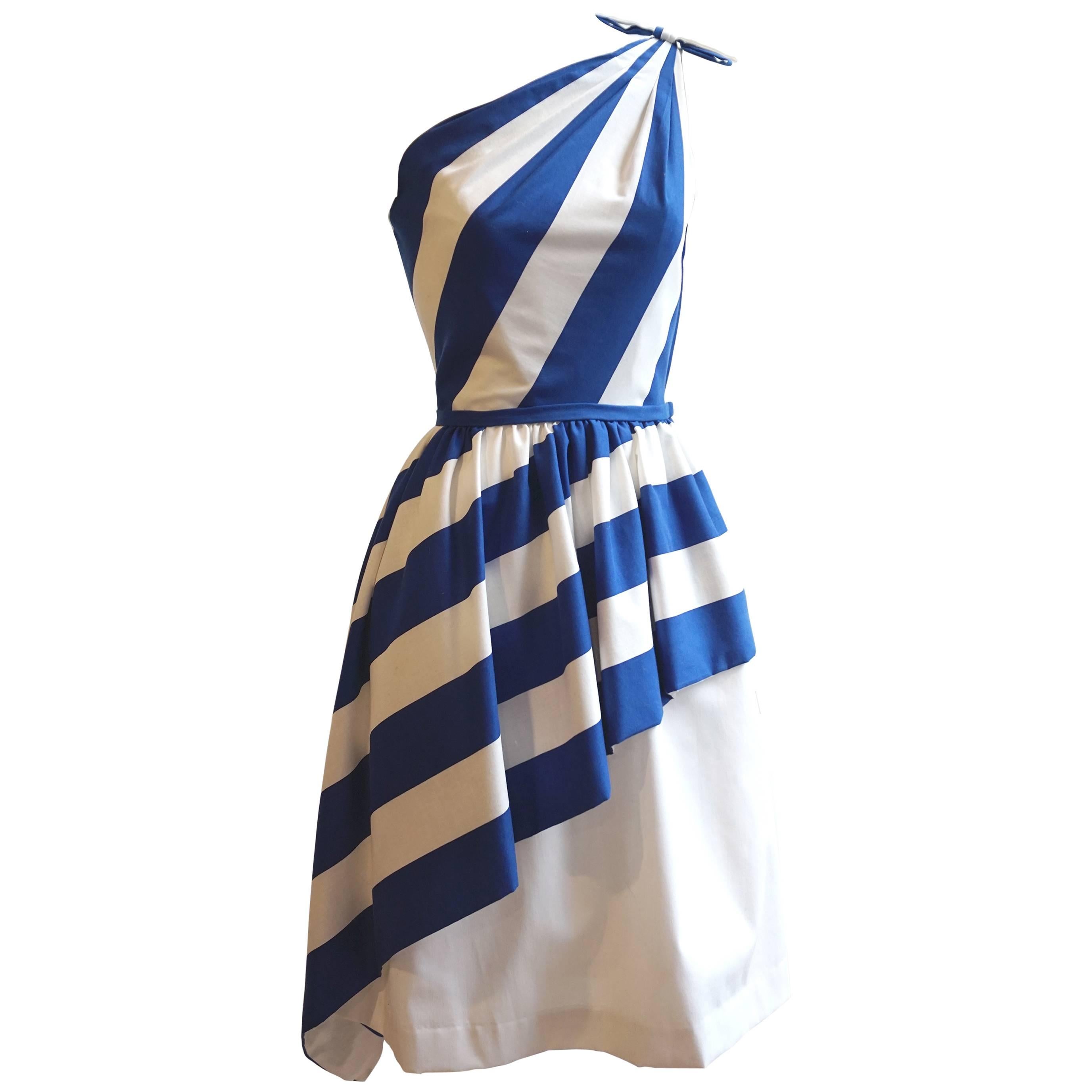 VICTOR COSTA One Shoulder Striped Cotton Cocktail Dress For Sale