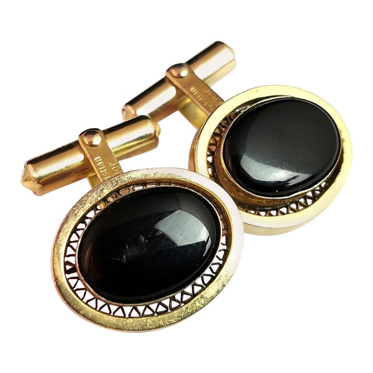 Boutons De Manchette Vintage Shields – Doré Avec émail Noir – Style Rétro – Occasion