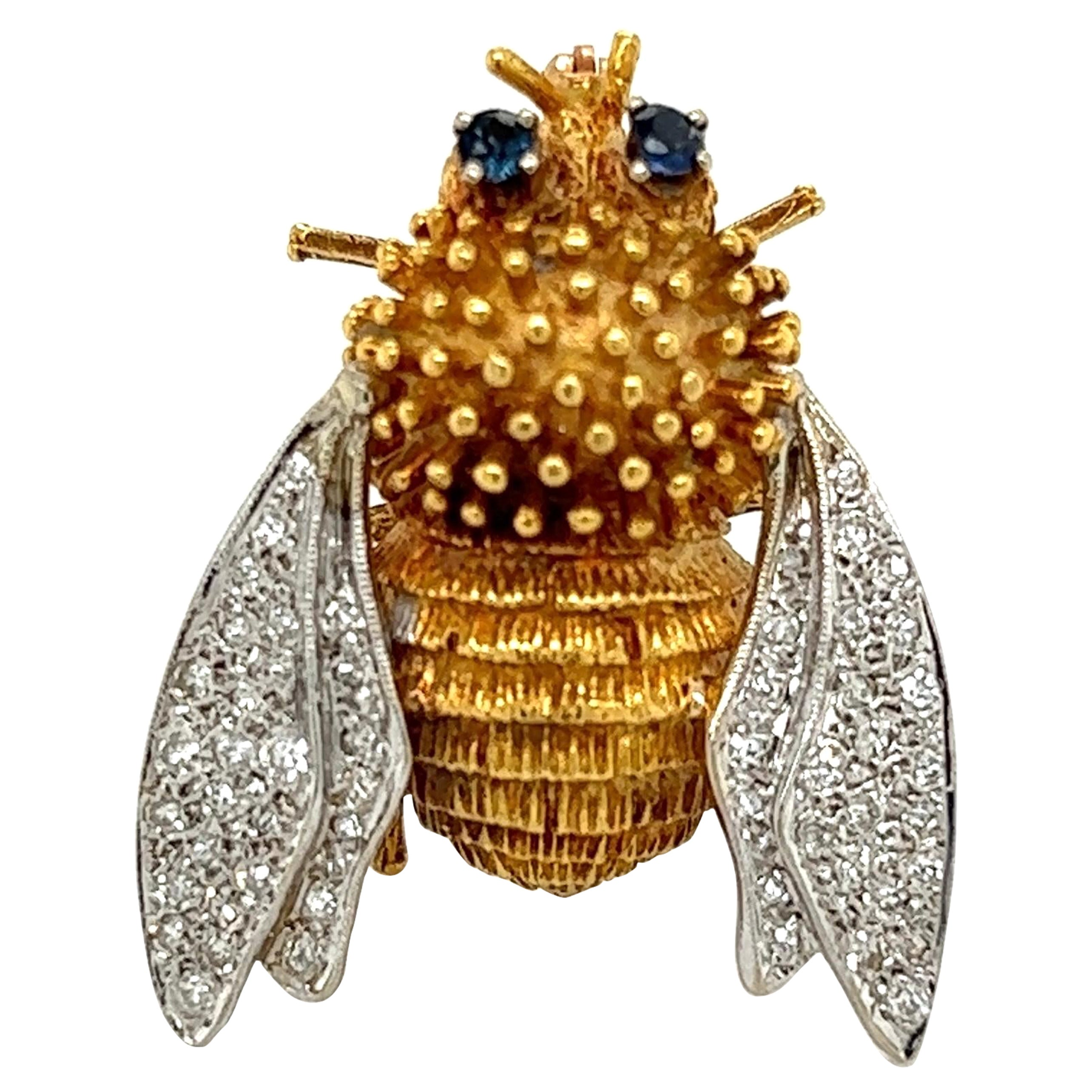 Diamond and Sapphire Gold Bee Brooch Pin Estate Fine Jewelry For Sale