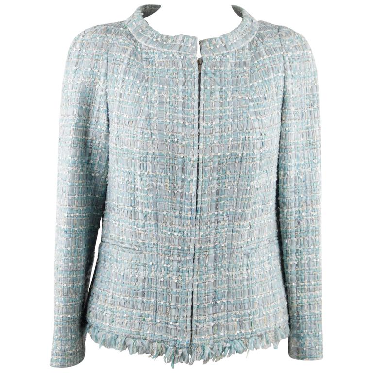 CHANEL Light Blue WOVEN Silk Blend ZIP JACKET Size 38 For Sale at 1stDibs