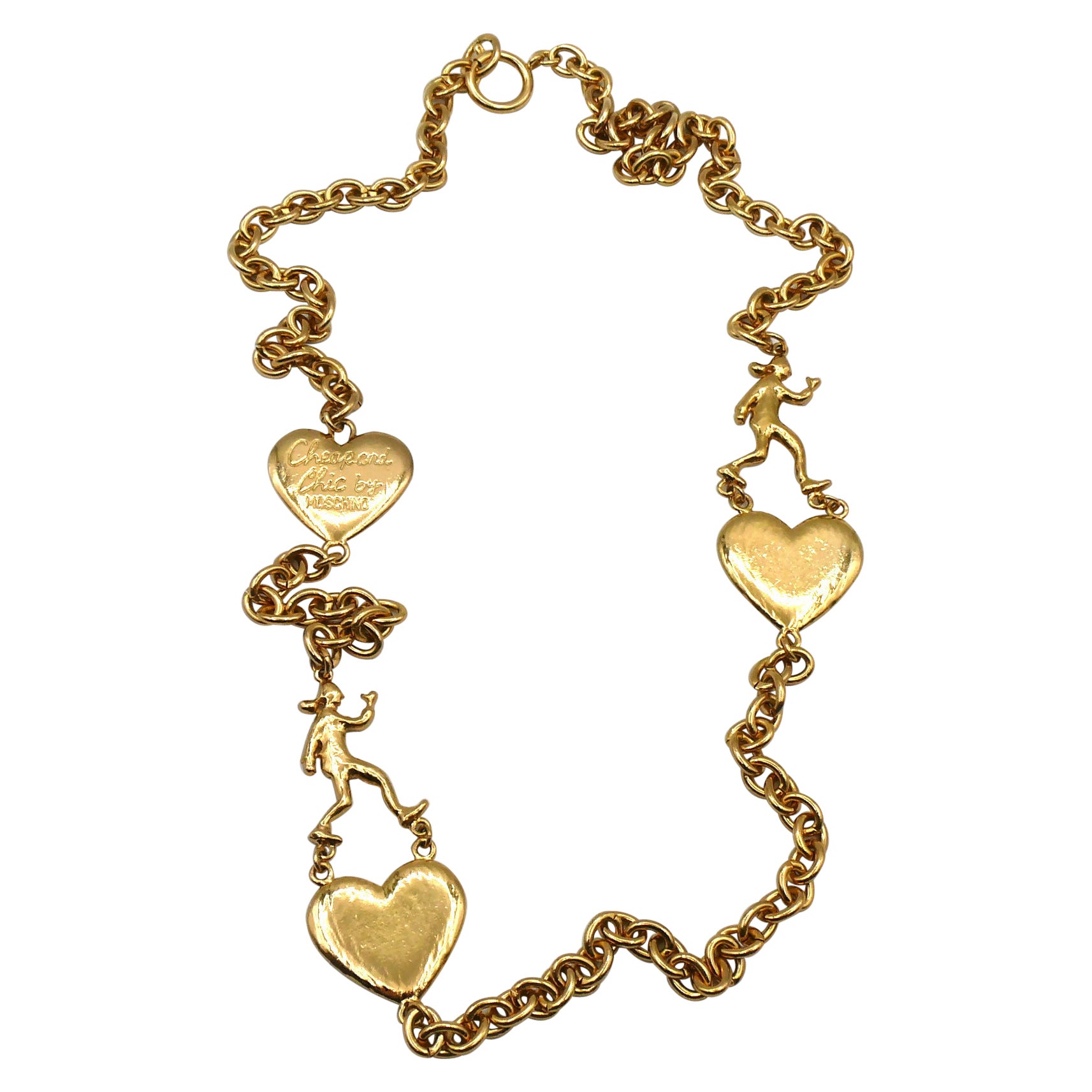 MOSCHINO Vintage Gold Tone Chain Necklace Olive Oyl Figures Hearts For Sale