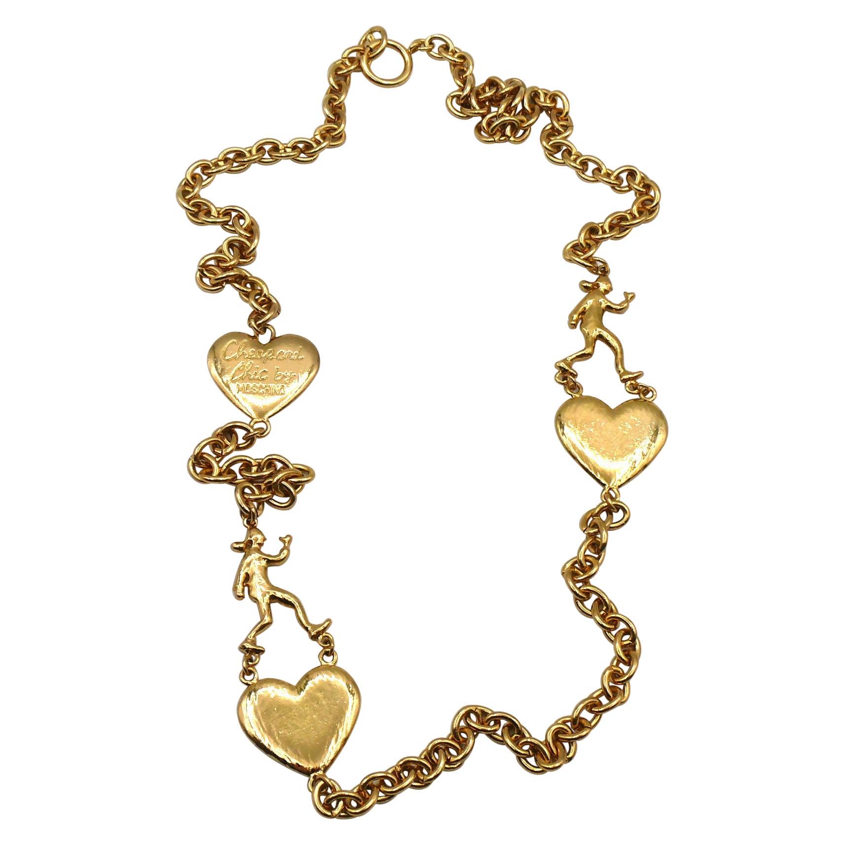 MOSCHINO Collier chaîne vintage en or avec figures de cœurs en onyx d'olivier