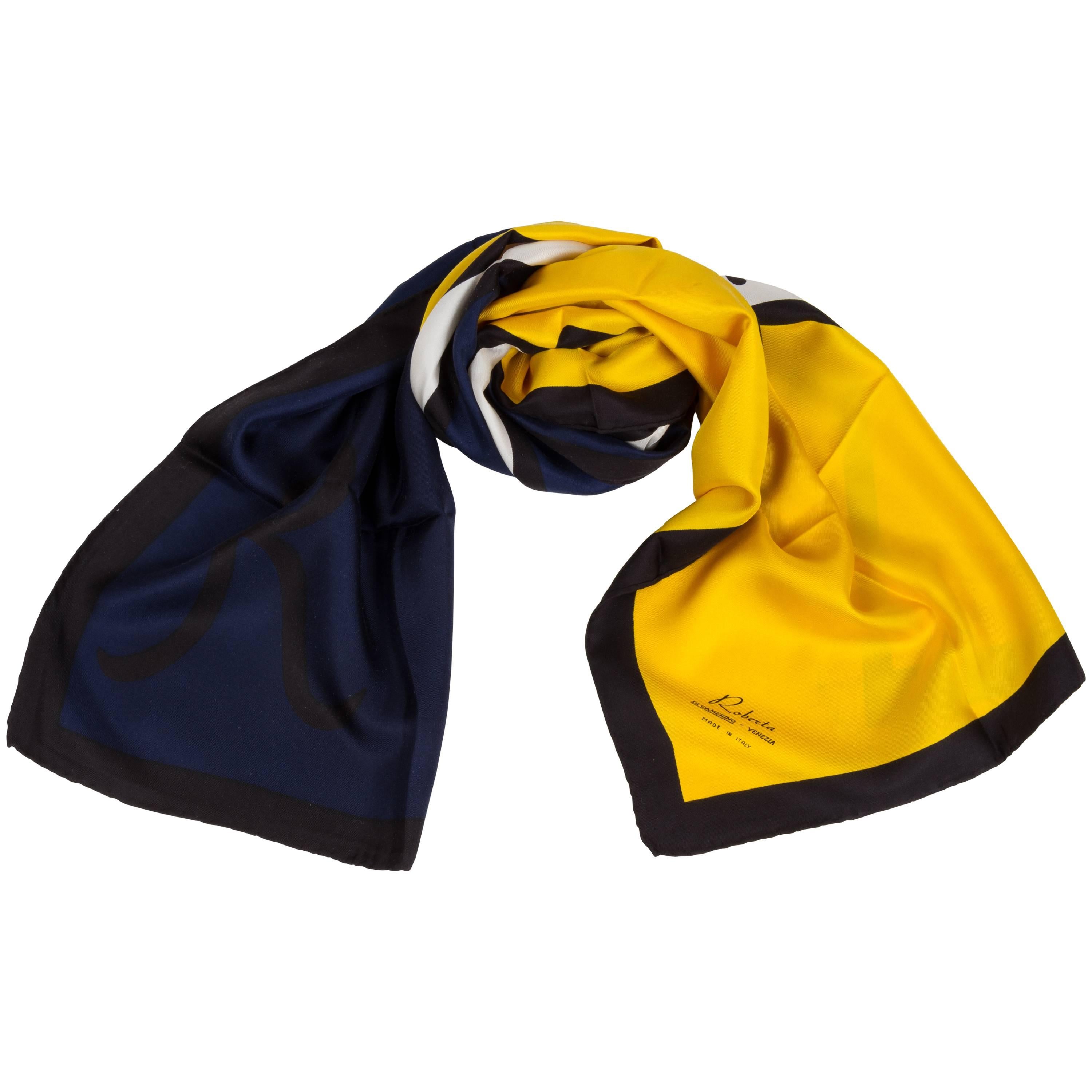 Roberta Di Camerino Silk Navy Yellow Twill Scarf