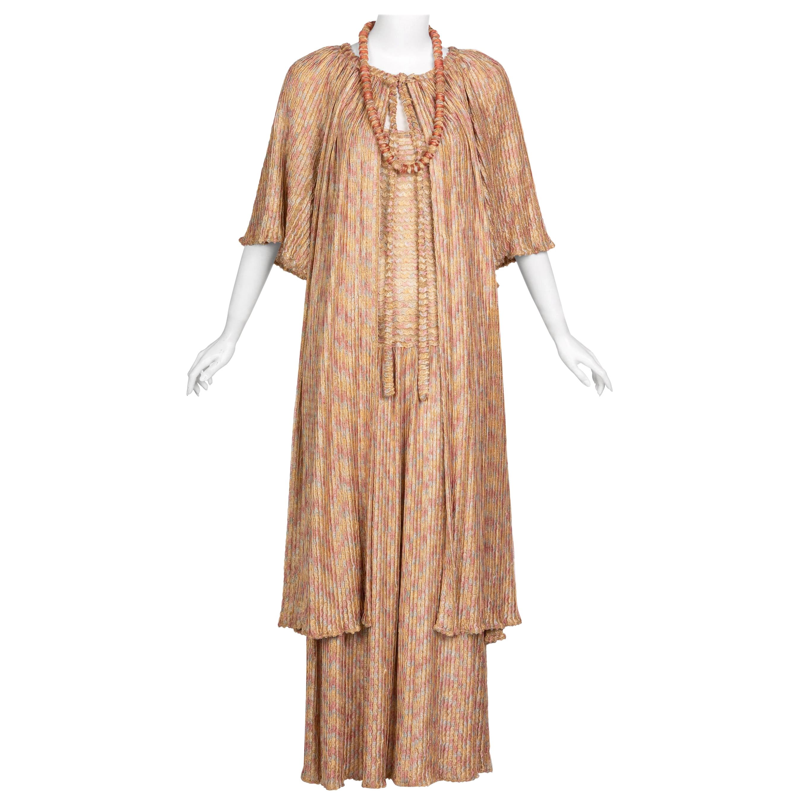 Missoni Pink Gold Knit Maxi Dress Cardigan Necklace Beret Set, 1970s For Sale