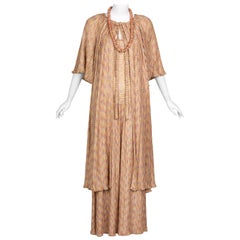 Missoni Pink Gold Knit Maxi Dress Cardigan Necklace Beret Set, 1970s