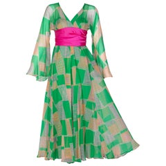 Retro Malcolm Starr Green Geometric Print Chiffon Pink Sash Dress, 1960s