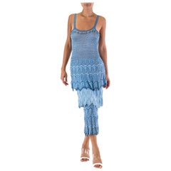 Vintage 1930S Blue Hand Crochet Silk Knit Dress