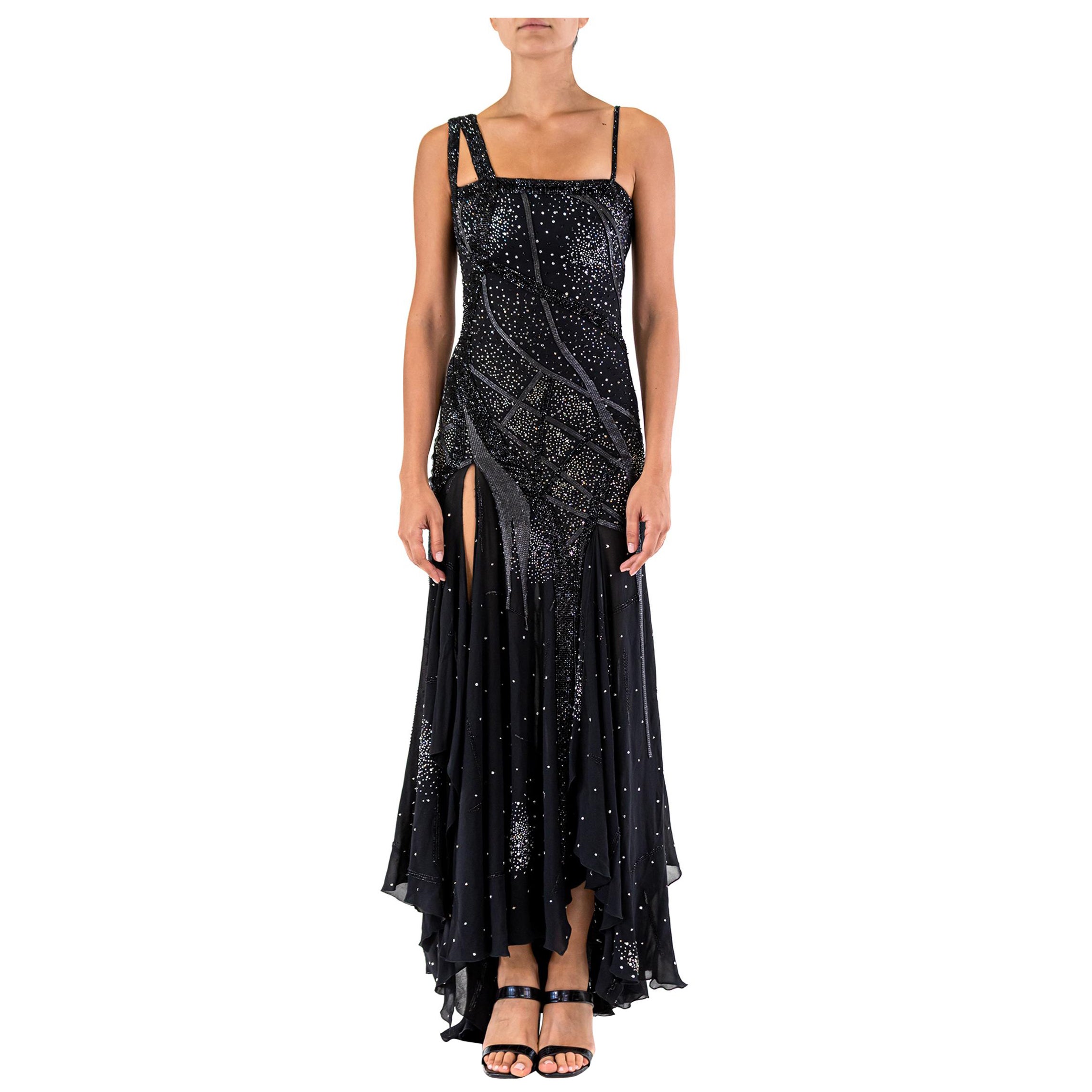 2000S ATELIER VERSACE GIANNI Black Silk Chiffon Haute Couture Crystal Beaded  G For Sale