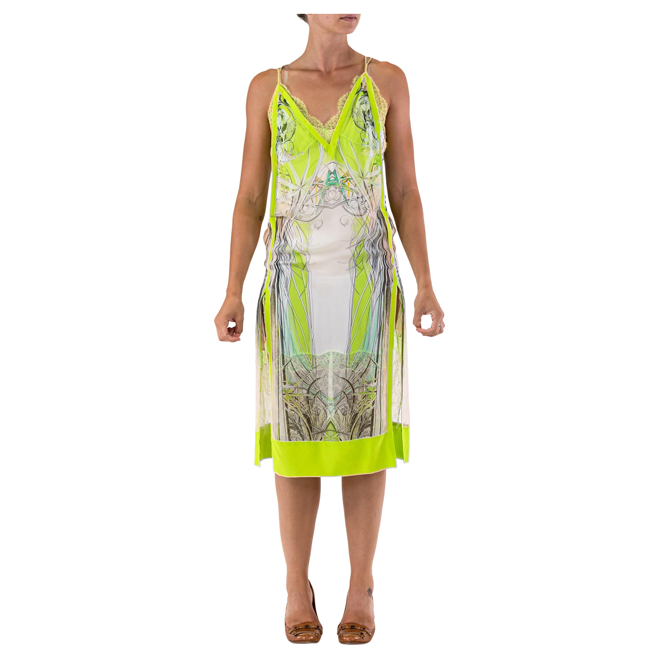 2000S ROBERTO CAVALLI Lime Green Silk Chiffon & Lace Dress For Sale