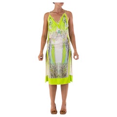 2000S ROBERTO CAVALLI Lime Green Silk Chiffon & Lace Dress