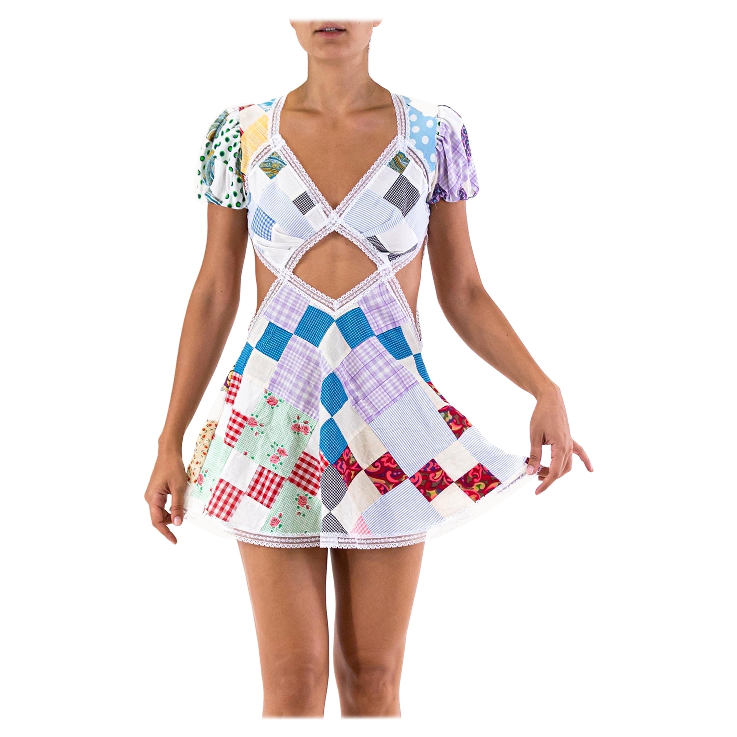 MORPHEW COLLECTION Multicolor Cotton & Vintage Lace Short Patchwork Quilt Dress For Sale