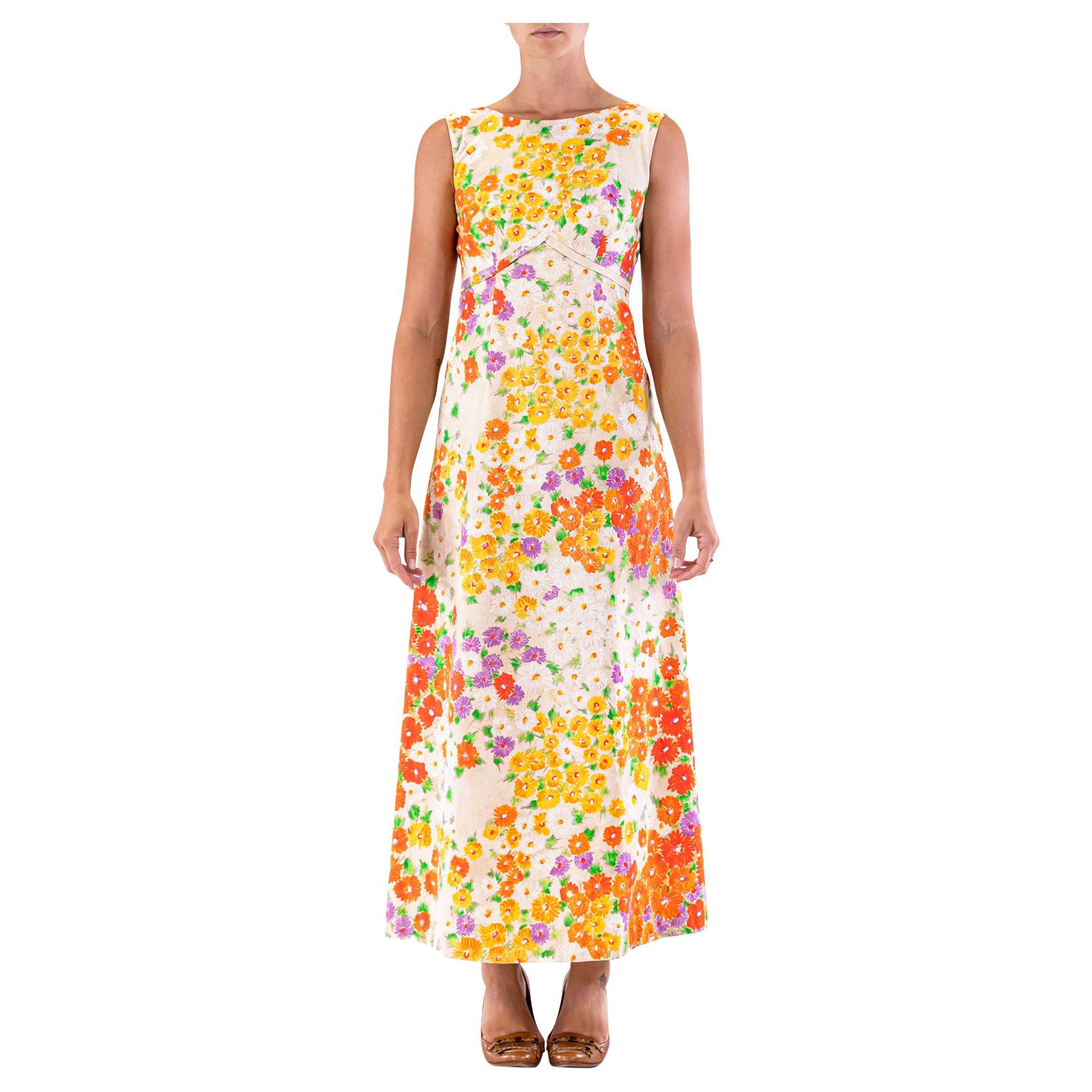 1970'S Cream Orange Flower Print Dress For Sale