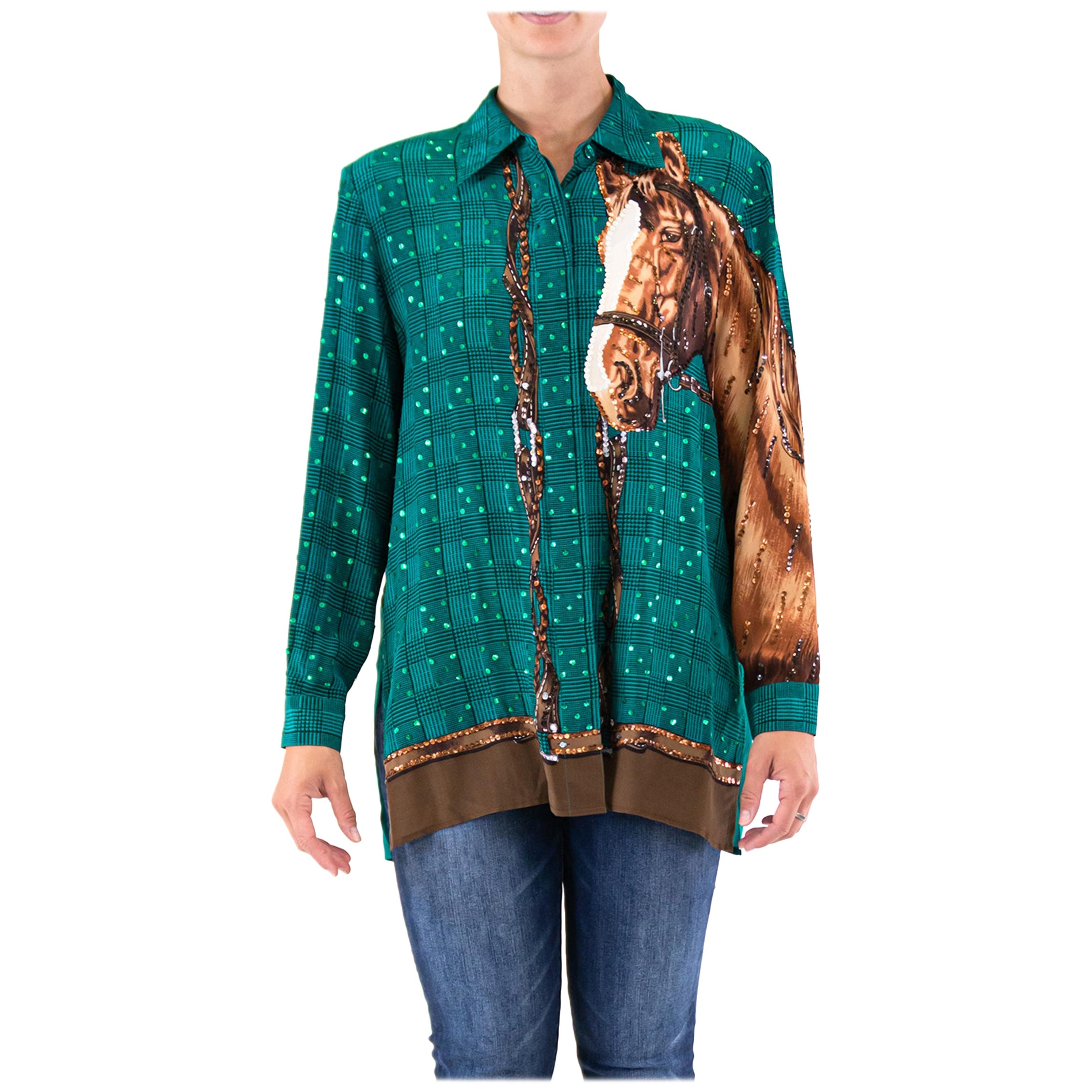 1980'S GUCCI Style Green Brown Sequined Horse Print Top For Sale