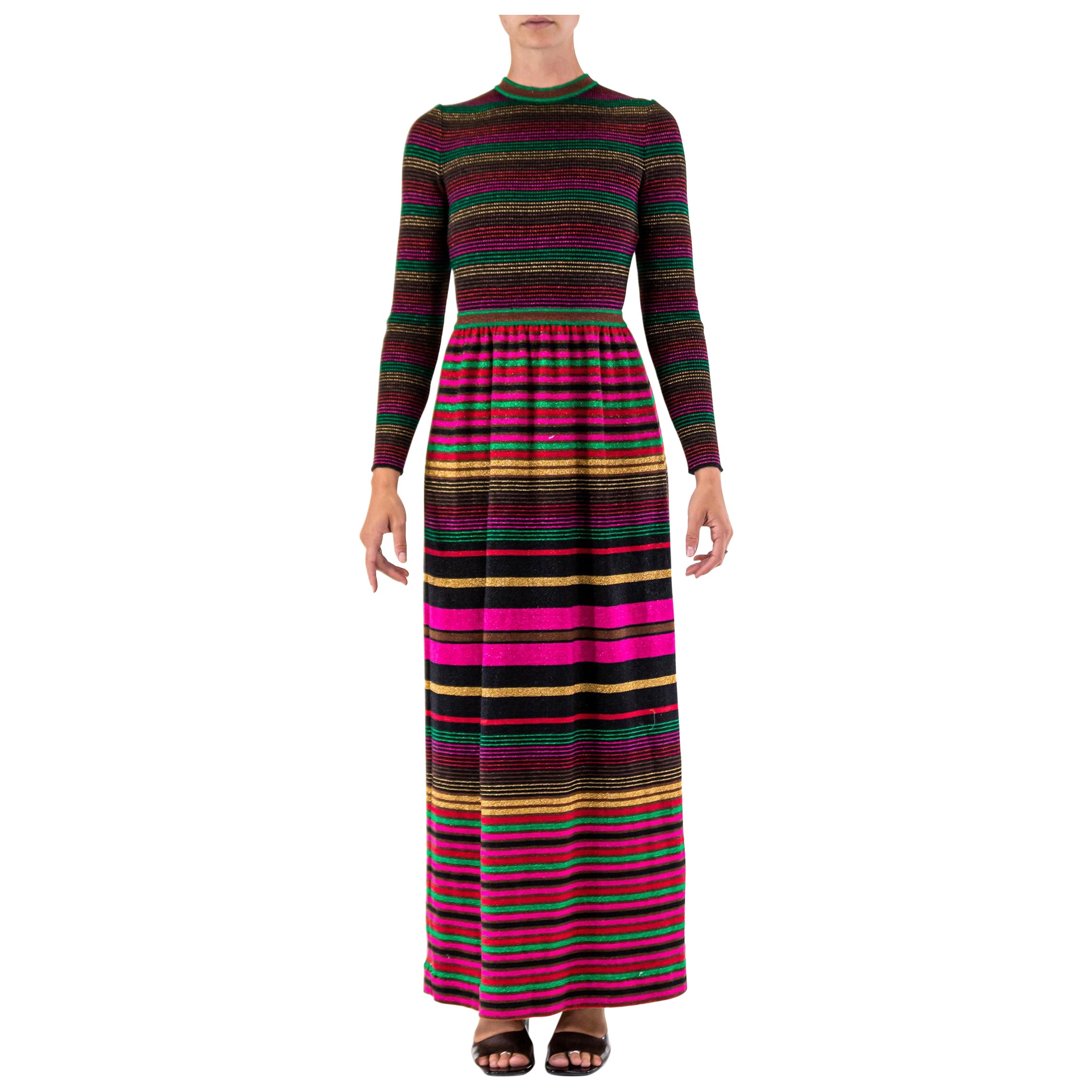1970'S CRISSA Black Rainbow Stripe Metallic Strips Dress For Sale