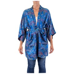 1960S Blue Jacquard Garden Scene Print With Striped Detail Inside Kimono