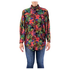 1980S Black Rayon Hawaiian Flower Print Top