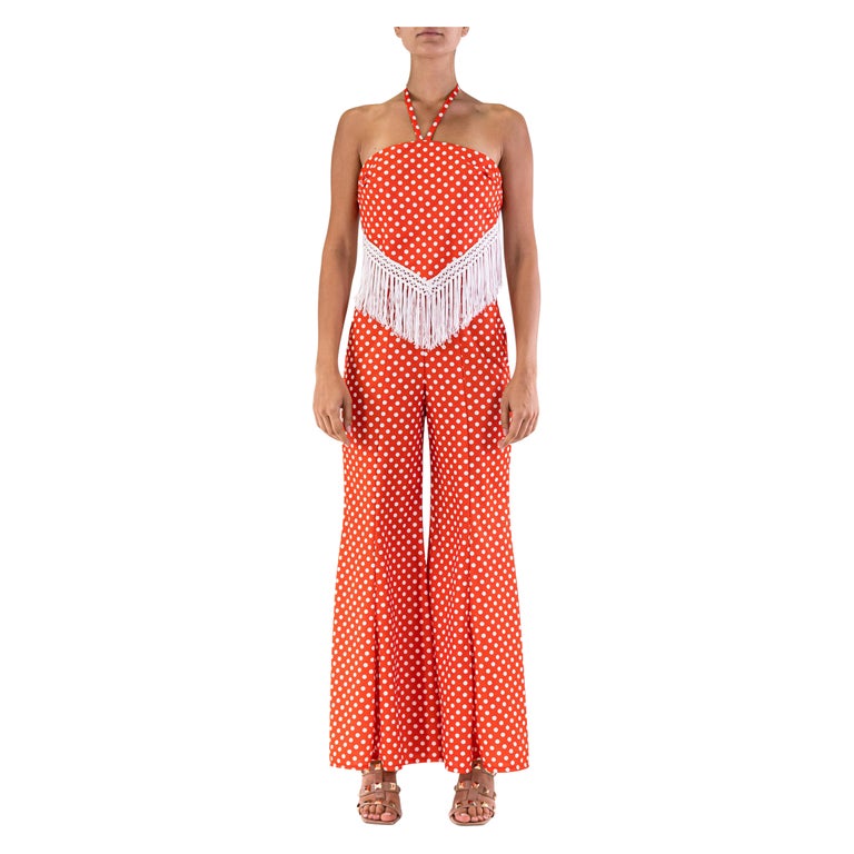 1970S Red White Polka Dot Pattern Wide Flare Bell Bottom Jumpsuit With