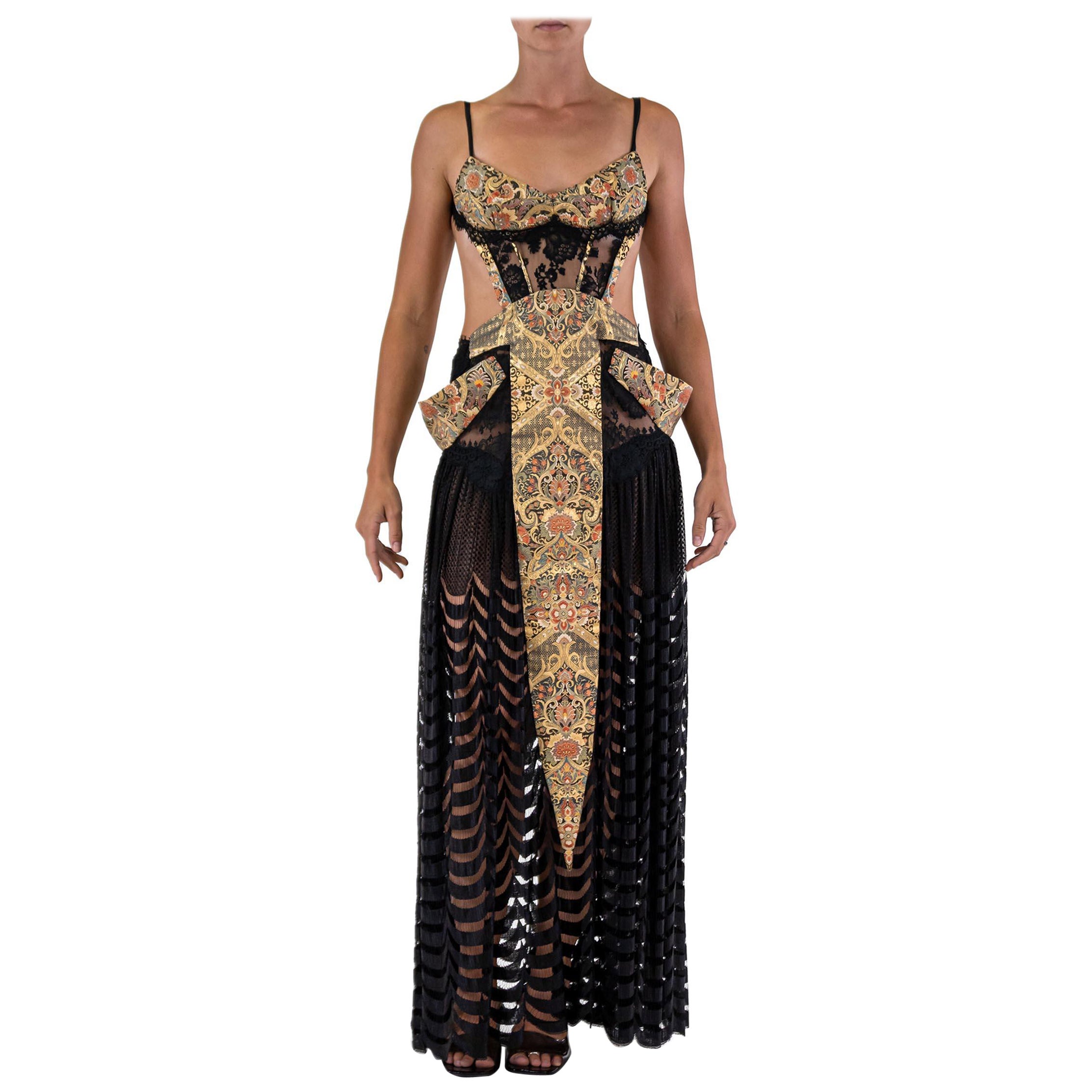 MORPHEW ATELIER Black 1920S Lace Gown With Hand Woven Japanese Metallic Gold Obi For Sale