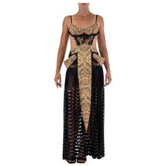 MORPHEW ATELIER Black 1920S Lace Gown With Hand Woven Japanese Metallic Gold Obi